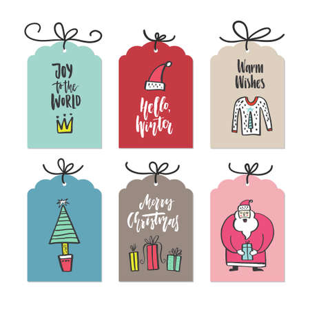 Collection of handdrawn Christmas card templates. New Year present tags made in vector.のイラスト素材
