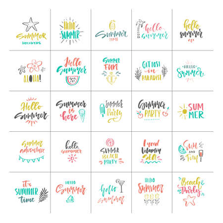Unique hand lettering design for travel agency, summer party, postcard or summer sale. Handdrawn lettering with summer elements. Vector emblem for summer signs and banners.のイラスト素材