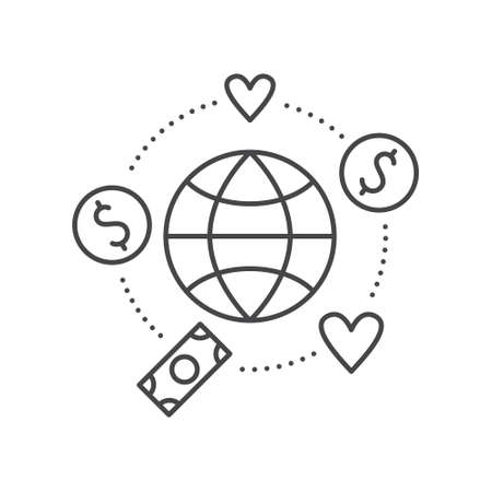 Globe surrounded by hearts and money - concept for donations, charity, fundraising. Vector line style label for non-profit organization or fundraising event.のイラスト素材