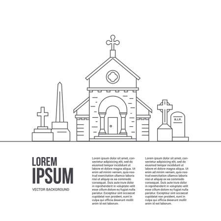 Modern line style vector cementry concept with place for your text. Tombstones and little church isolated on white background.のイラスト素材