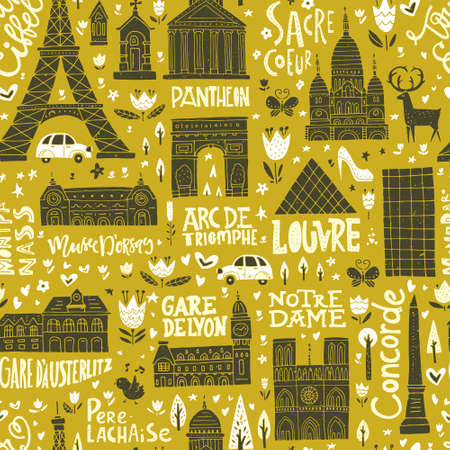 Unique seamless pattern with symbols of Paris.のイラスト素材