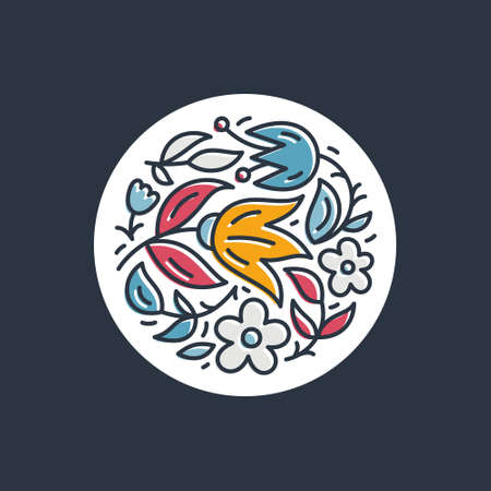 Premium logo with flowers. Logotype for flower shop, bridal boutique, organic cosmetics. Round linear symbol with tulips and leaves. Modern vector logo template.のイラスト素材