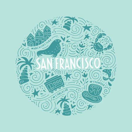 The circle with  San Fransisco symbols and lettering. Vector illustration. USA series.のイラスト素材