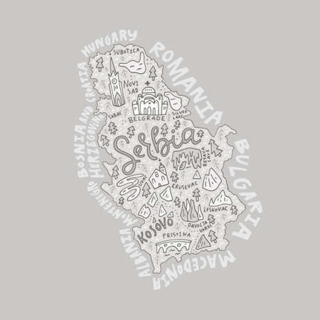 Cartoon map of Serbia with all main sightseeing .のイラスト素材