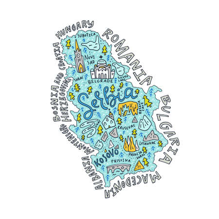 Cartoon map of Serbia with all main sightseeing .のイラスト素材