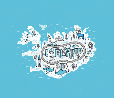 Cartoon map of Iceland. Handdrawn illustration with all main tourist attractions.のイラスト素材