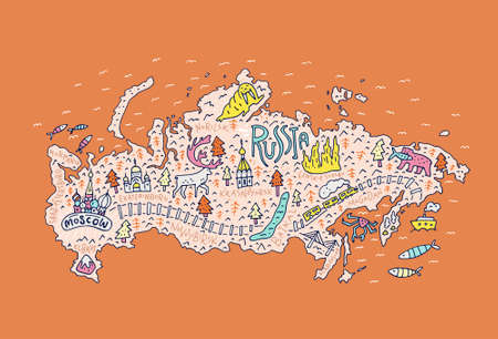 Cartoon map of Russia. Handdrawn illustration with all main tourist attractions. Great design element for travel blog, poster, tour guide company. Vector cartography.のイラスト素材