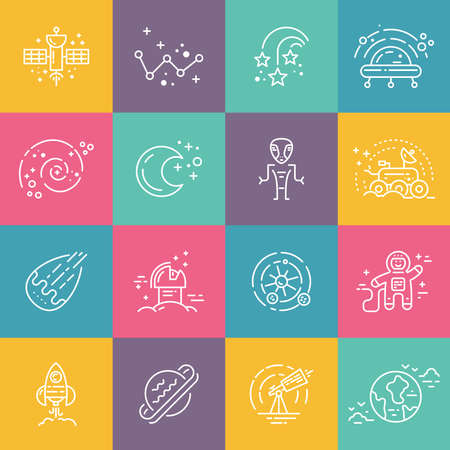 Big collection of uniue icons with different space objects including planets, alien, cosmonaut, solar system, rover. Line syle vector symbols of space and universe.のイラスト素材
