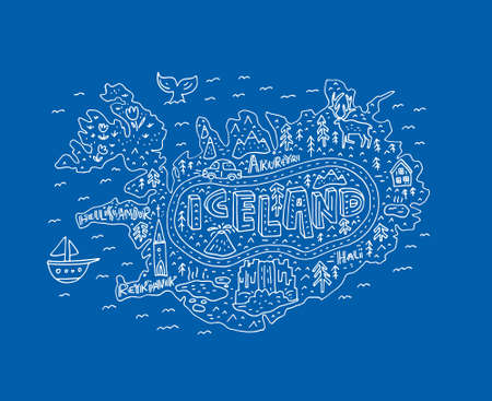 Illustrated map of Iceland. Vector cartography. Main tourist attractions made in vector.のイラスト素材