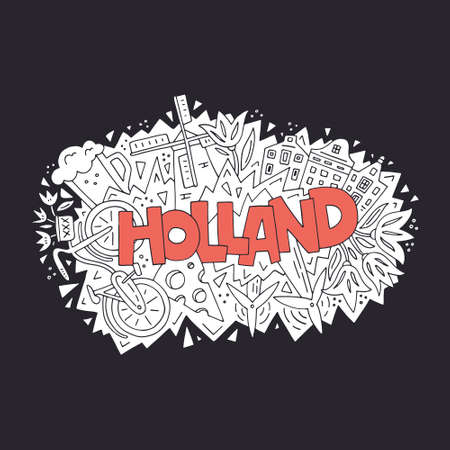 Vector illustration of Holland. All main symbols of the country. Tourist banner.のイラスト素材