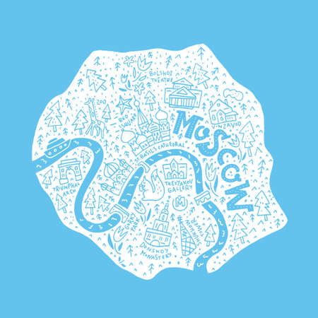 Cartoon map of Moscow. Vector cartography. All main tourist attractions.のイラスト素材
