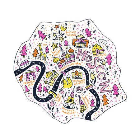 Travel series - cartoon map of Moscow. Main sights and tourist attractions.のイラスト素材