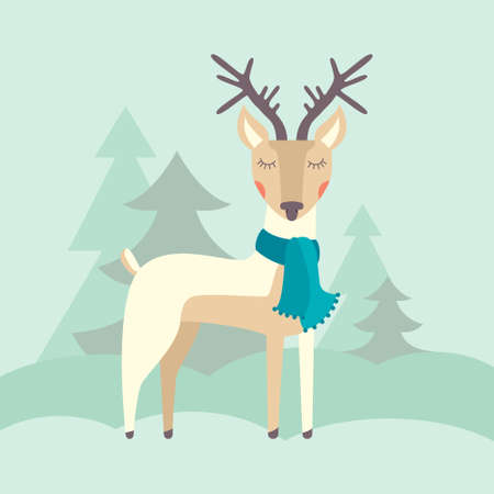 Cut ehand drawn deer on a forest background. Winter vector illustration. Xmas concept.のイラスト素材