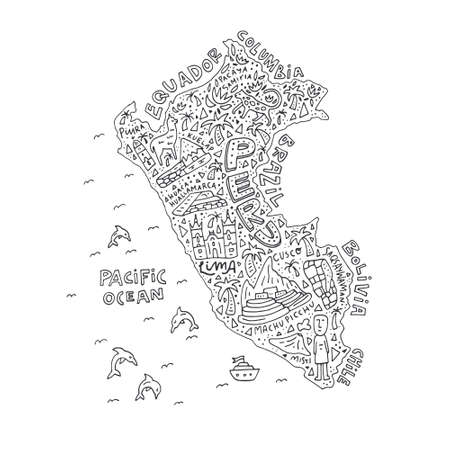 Hand drawn Peru map with the main symbols and the geographic names lettering. Vector illustration.のイラスト素材