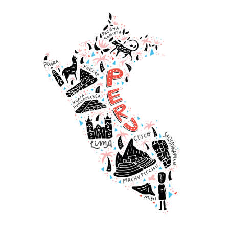 Cartoon map of Peru. Vector illustration with all main symbols of the country.のイラスト素材
