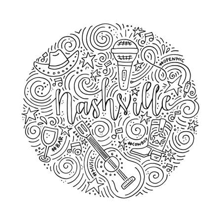 The circle with the Nashville - country music capital of USA. Vector Illustration.のイラスト素材