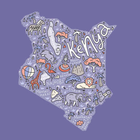 Cartoon map of Kenya with animals, national parks and main tourist attractions.のイラスト素材