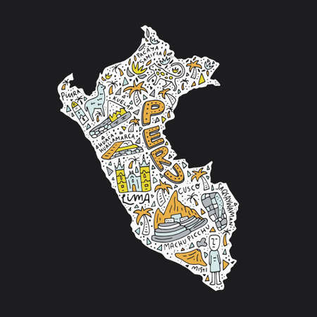 Hand drawn Peru map with the main symbols and the geographic names lettering. Vector illustration.