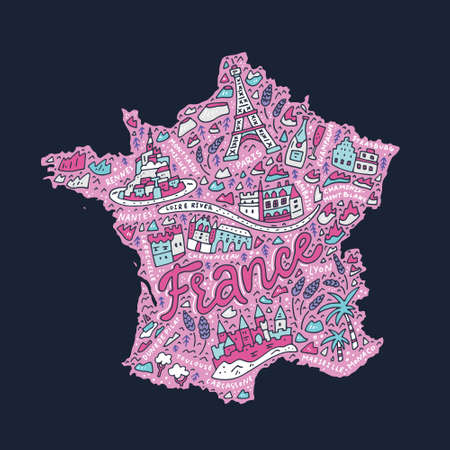 Hand drawn concept - map of France cartoon illustration.のイラスト素材