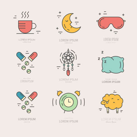 Colorful vector icons with different sleep and insomnia symbols including pillow, alarm clock, sleeping mask.のイラスト素材