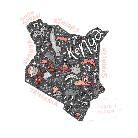 The vector illustration of a Kenya country map with the symbols and  lettering. のイラスト素材