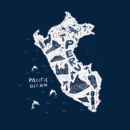 Cartoon map of Peru. Vector illustration with all main symbols of the country.のイラスト素材