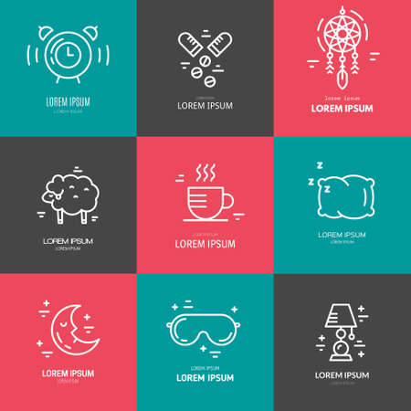 Collection of line vector icons with symbols of sleep problems and insomnia. Healthcare series.のイラスト素材