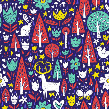 Unique handdrawn pattern with forest elements and wild animals. Cute freehand woodland texture.のイラスト素材