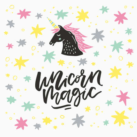 Hand drawn illustration with magic unicorn and hand drawn lettering. Cute cartoon drawing converted into vector.のイラスト素材