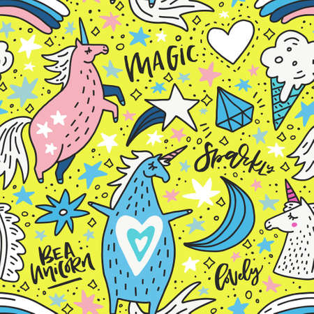 Cute hand drawn seamless pattern with unicorns and rainbows. Vector backgroundのイラスト素材