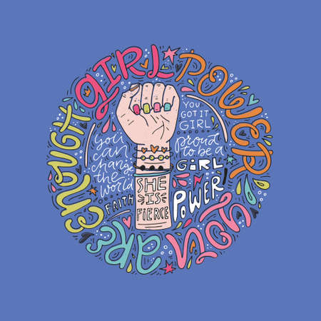 Girl power phrases and words with illustration of woman's fist and hand. Feminist poster.のイラスト素材