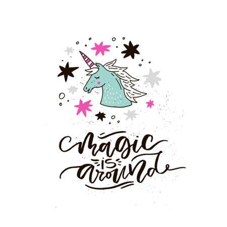 Lettering and cartoon unicorn illustration made in vector.のイラスト素材