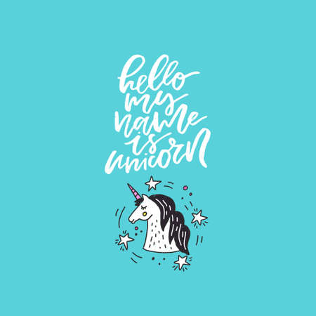 Hand drawn illustration with magic unicorn and hand drawn lettering. Cute cartoon drawing converted into vector.のイラスト素材