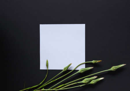 Artistic mockup for your artwork with beautiful flowers and leaves and empty card shot from the top....