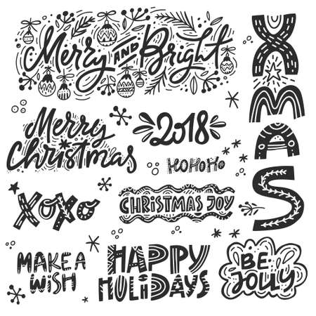 Set of Christmas and New Year calligraphy phrases. Handwritten modern lettering for cards, posters, t-shirts, etc.のイラスト素材
