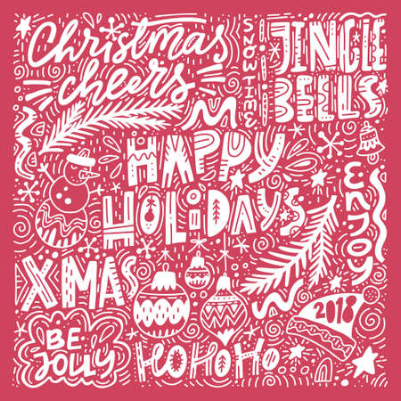 Complex Christmas lettering. Pre-made set of greeting cards made in unique style.のイラスト素材