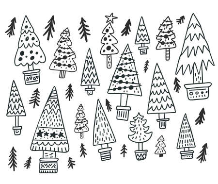 Set of handdrawn Christmas trees. Winter holiday design for cards, posters, t-shirts, etc.のイラスト素材