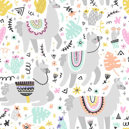 Seamless pattern with lamas made in vector. Modern hand drawn style. Good for wallpaper, greeting cards, children room decoration, etc.のイラスト素材