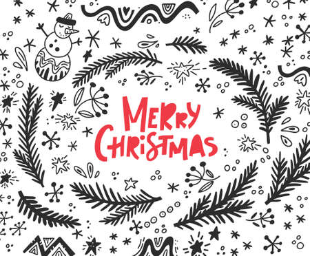 Merry Christmas modern calligraphy phrase with handdrawn elements. Holiday lettering for cards, posters, t-shirts, etc.のイラスト素材