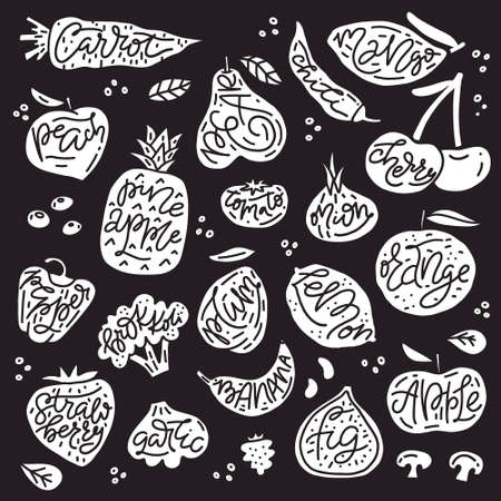 Set of various hand drawn fruits and vegetables. Sketches of different food.のイラスト素材
