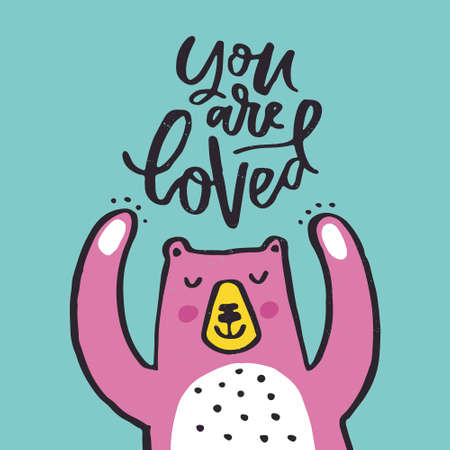 Cute illustration of a bear and lettering you are loved.のイラスト素材