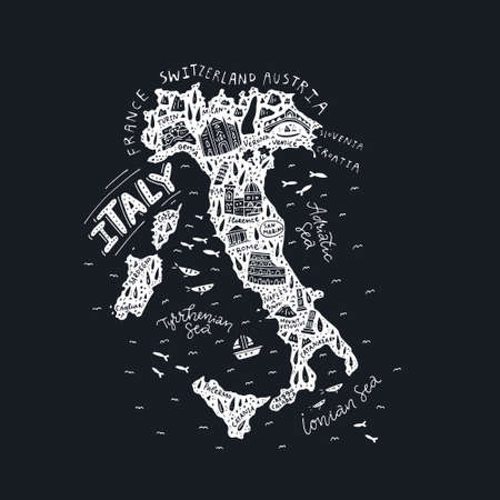 Map of Italy - handdrawn illustration on black background.