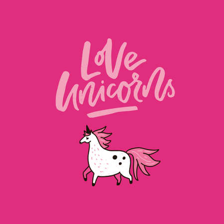 Magic unicorn illustration made in vector. Unique lettering Love Unicorns made in cartoon style.のイラスト素材