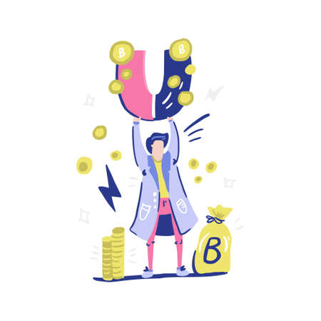 Man attracting bitcoins with a magnet. Illustration of successful miner.のイラスト素材