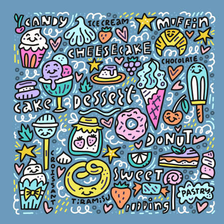 Flat vintage collection of desserts and pastries. Handdrawn vector illustration.のイラスト素材