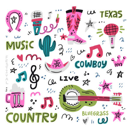 Set of symbols and lettering on country music theme. Handdrawn illustrations for your design.のイラスト素材