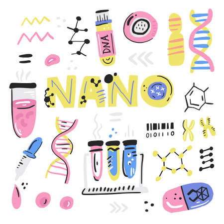 Handdrawn nano technology concept with genome symbols. Human dna research illustration made in vector.のイラスト素材