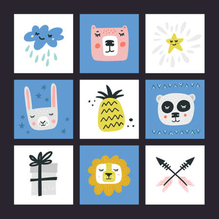 Set of handdrawn icons of animal faces. Cartoon design for kids, toddlers and babies fashion.