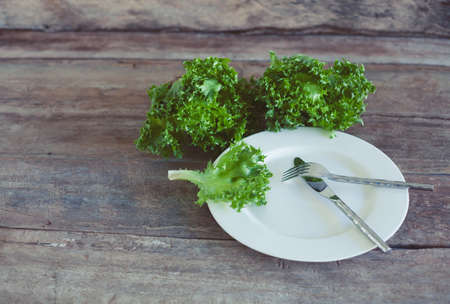 Letucce salad leaves on wooden background. Healthy food illustration. Salad ingridient on the plate.