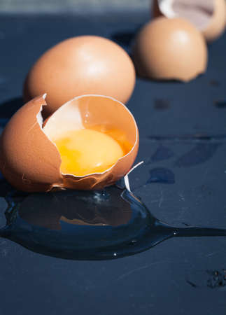 Eggs in shells - macro shot with shallow depth of field. Still life photo. Dough ingredient.の写真素材